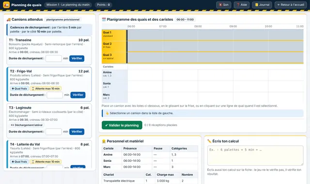 Capture d'écran du jeu Planning de quais – N1 à N3 (Bac Pro Log)