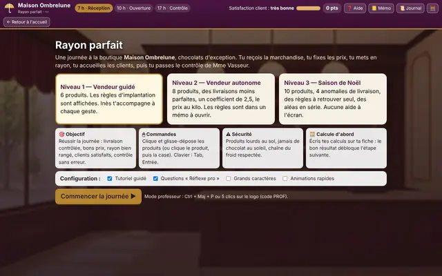 Capture d'écran du jeu Rayon parfait – Option A — Niveaux 1 à 3 (Bac Pro MCV)