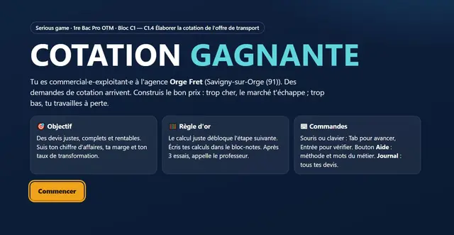Capture d'écran du jeu Cotation gagnante – N1 à N3 (Bac Pro OTM)